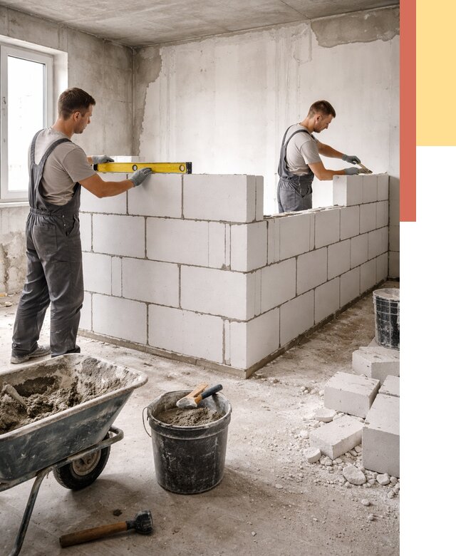 Кладка перегородок из ПГП в Беслане от 2532 руб./м2 — монтаж и возведение под ключ | ОТДЕЛОЧНИК-Бсл