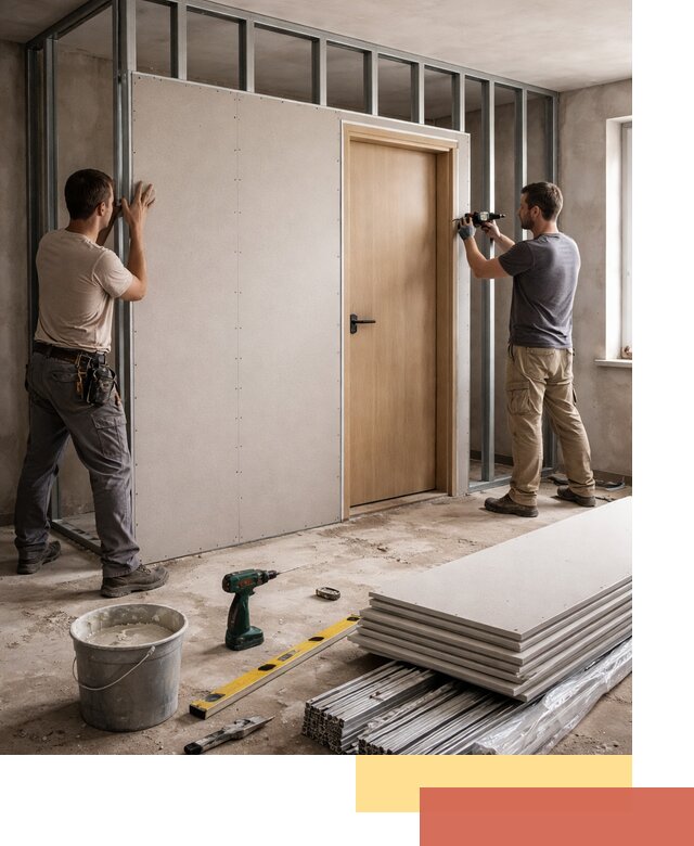 Перегородка из гипсокартона с дверью под ключ в Беслане