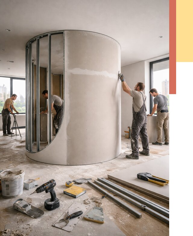 Радиусная перегородка из гипсокартона в Беслане от 2937 руб. под ключ | ОТДЕЛОЧНИК-Бсл