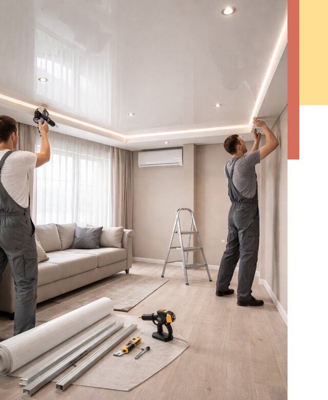 Монтаж глянцевого натяжного потолка в Беслане от 759 руб. под ключ | ОТДЕЛОЧНИК-Бсл