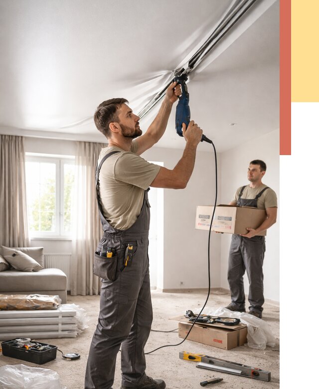 Монтаж сатинового натяжного потолка в Беслане от 3544 руб. | Быстро, недорого — ОТДЕЛОЧНИК-Бсл