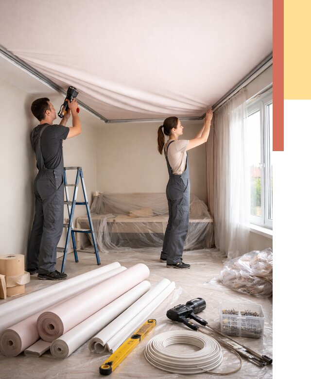 Монтаж цветного натяжного потолка в Беслане от 4253 руб/м² — быстро и недорого | ОТДЕЛОЧНИК-Бсл