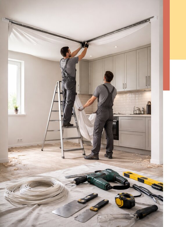 Установка натяжного потолка на кухне в Беслане от 2430 руб. | ОТДЕЛОЧНИК-Бсл