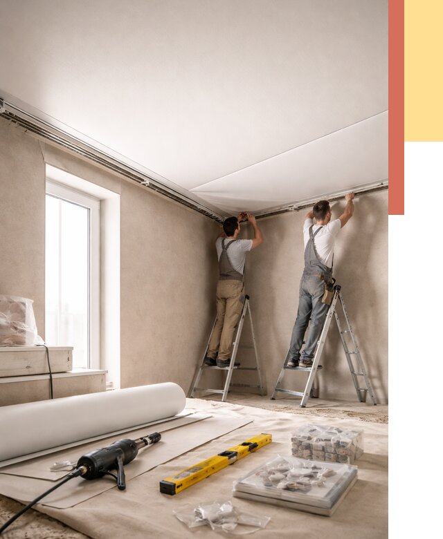 Монтаж натяжного потолка в спальне в Беслане от 3848 руб. под ключ | ОТДЕЛОЧНИК-Бсл