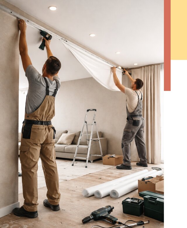 Монтаж натяжного потолка в гостиной в Беслане от 557 руб. | ОТДЕЛОЧНИК-Бсл