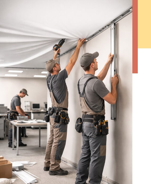 Монтаж натяжного потолка в офисе в Беслане от 456 руб/м² — быстро и недорого | ОТДЕЛОЧНИК-Бсл