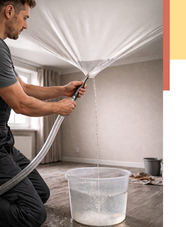 Слив воды с натяжного потолка в Беслане от 2532 руб. быстро и недорого | ОТДЕЛОЧНИК-Бсл