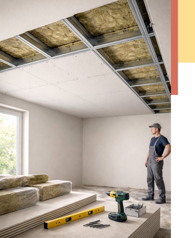 Звукоизоляция потолка ГКЛ в Беслане от 962 руб. — монтаж под ключ | ОТДЕЛОЧНИК-Бсл