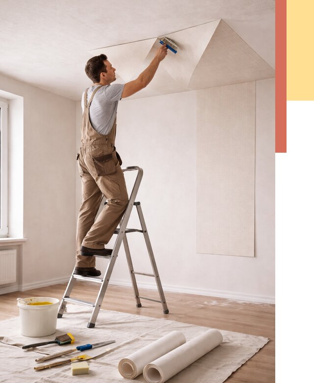 Поклейка обоев на потолок в Беслане от 4557 руб. быстро и недорого | ОТДЕЛОЧНИК-Бсл