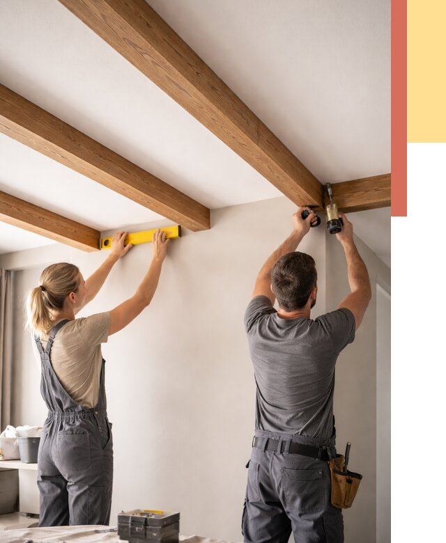 Монтаж декоративных балок на потолок в Беслане от 4253 руб. — ОТДЕЛОЧНИК-Бсл